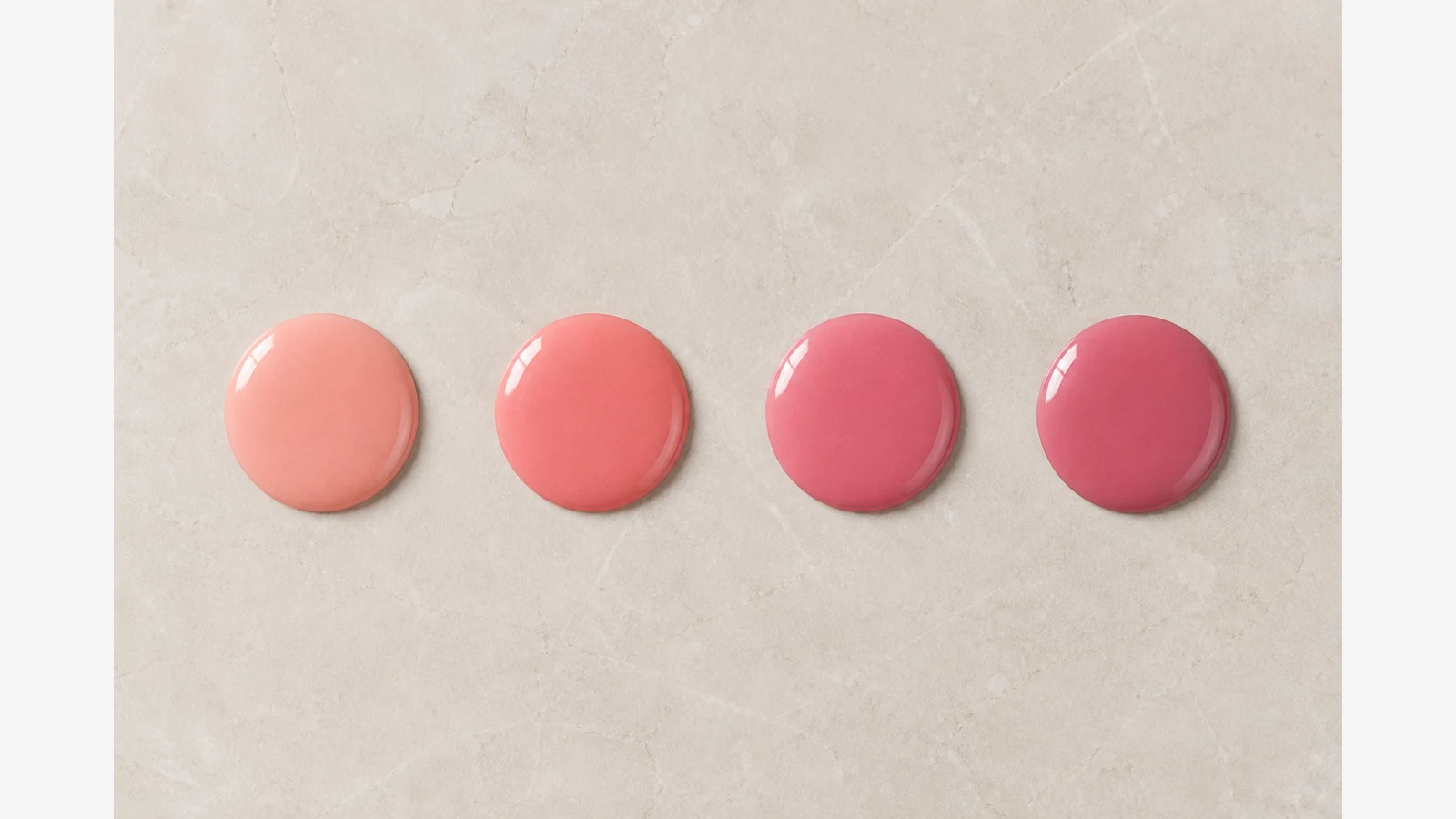 Four liquid blush shades from soft peach to deep rose arranged as buildable dots