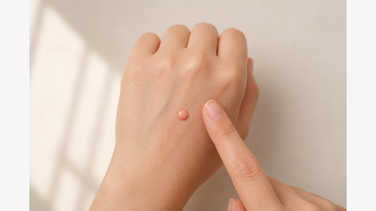 Single drop of liquid blush on the back of a hand beside a fingertip