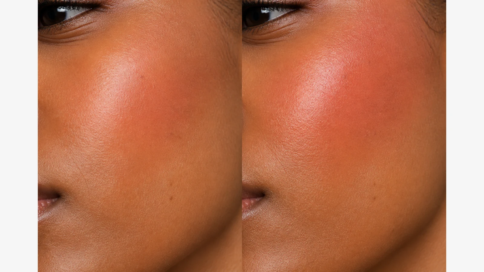Medium-deep skin cheek with one-layer and two-layer peach liquid blush comparison